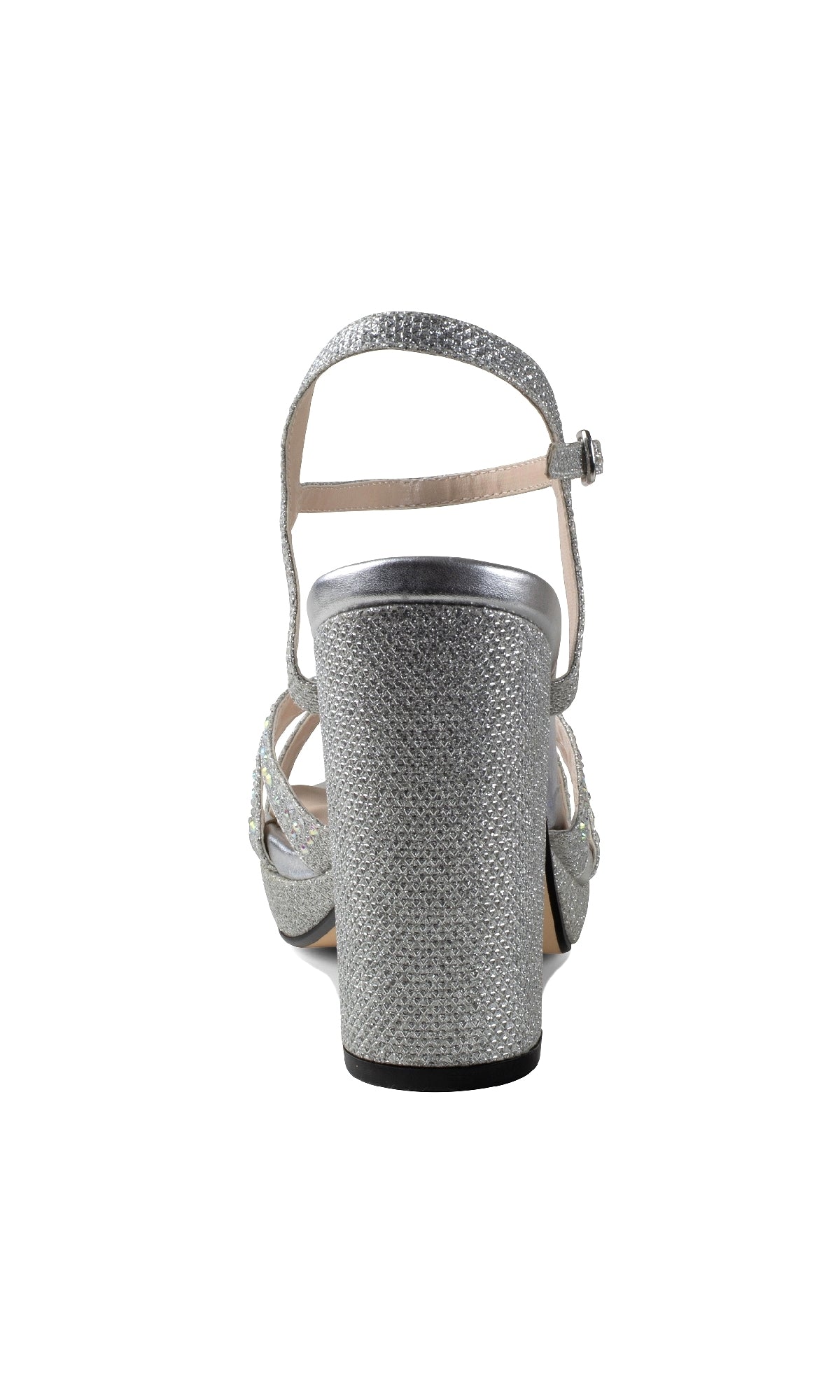 Rear view of Ava Silver Prom Shoes: Touch Ups 4633, featuring sparkly silver glitter wedges, an elegant ankle strap with buckle, set against a plain white background.